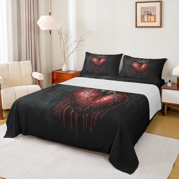 Homewish Love Heart 4pcs Bed Sheets for Teens Adults,Gothic Style King Sheets,Black Red Super Cozy Sheet Set,Luxury Bedroom Decor