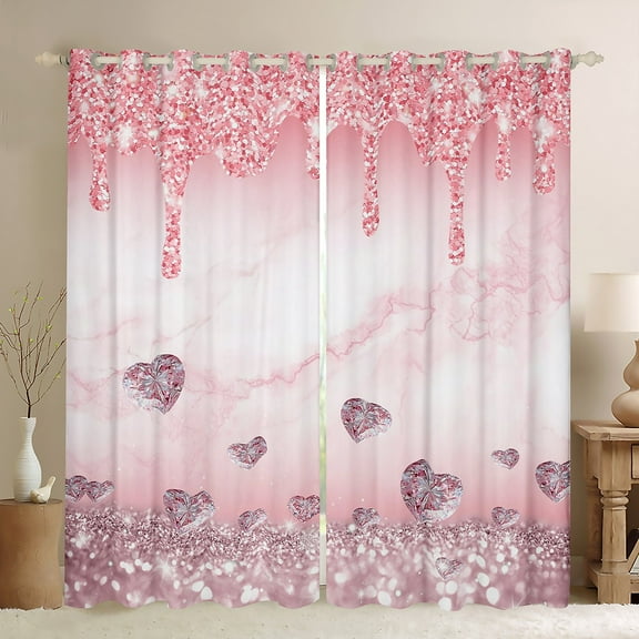 Homewish Love Heart Diamond Black Out Curtains for Girls, Pink Sequin Print Curtains Pack of 2 (42x63 Each), Romantic Anniversary Bedroom Curtains, Living Room Curtains Decor