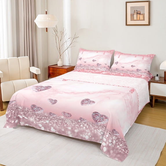 Homewish Love Heart Diamond Full Size Sheets for Girls, Pink Sequin Print Bed Sheets, Romantic Anniversary Sheet Sets, Microfiber Bedroom Decor, 4-Piece