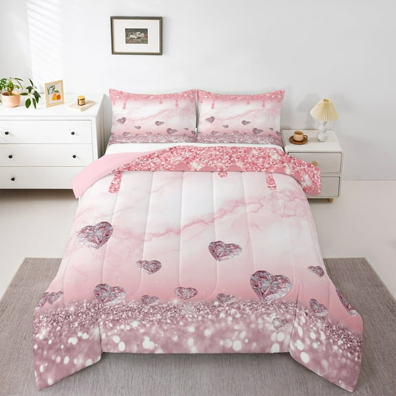 Homewish Love Heart Diamond Queen Comforter Set for Girls, Pink Sequin Print Bedding Sets, Romantic Anniversary Reversible Bedding Comforter Set, Microfiber Bedroom Decor, 3-Piece
