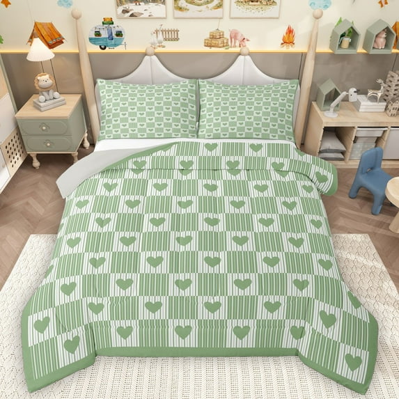 Homewish Love Heart Print 3-Piece Full Size Comforter Sets For Adults Female Men,Geometric Plaid Stripes Bedding Comforter Set,Vintage Aesthetic Lightweight Bedding Sets,Breathable Home Decor