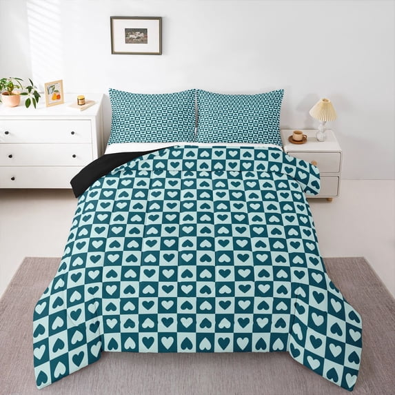 Homewish Love Heart Print 3 Pieces Queen Comforter Set For Adults Female Men,Geometric Plaid Grid Ultra Soft Bedding Sets,Vintage Aesthetic Bedding Comforter Set,Breathable Home Decor,Reversible