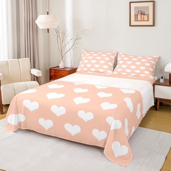 Homewish Love Heart Print 4 Pieces Queen Sheet Sets for Female Men Adults,Orange White Ultra Soft Flat Sheet,Romantic Valentine's Day Queen Fitted Sheet,Microfiber Bedroom Decor