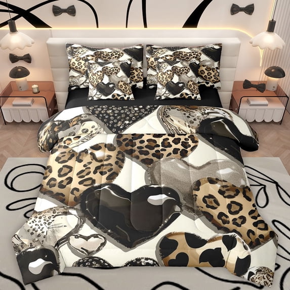 Homewish Love Heart Print 7-Piece Twin Bedding Set - Leopard Cheetah Bling