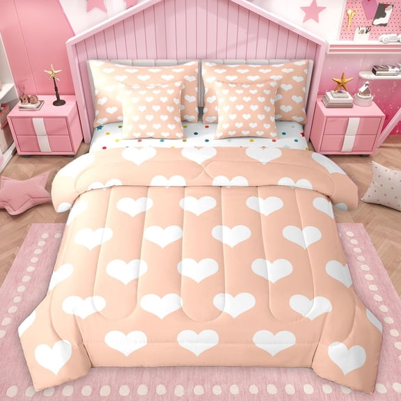 Homewish Love Heart Print Bedding Comforter Set 7-Piece for Female Men Adults,Orange White King Bedding Sets,Romantic Valentine's Day Ultra Soft Bed Sheets,Microfiber Bedroom Decor,Reversible