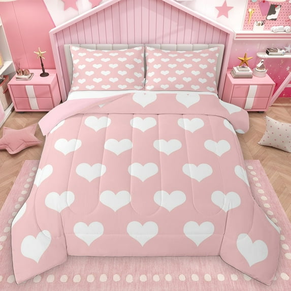 Homewish Love Heart Print Full Size Comforter Sets 3-Piece for Kids Children Teens,Happy Valentine Bedding Comforter Set,Dreamy Princess Lightweight Bedding Sets,Breathable Home Decor,Reversible