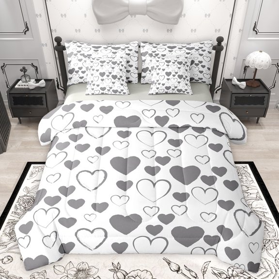 Homewish Love Heart Print Twin Bedding Sets 7-Piece, Kawaii Cartoon Bedding Comforter Set, Teens Kids Girls Women Reversible Sheet Sets, Lightweight Room Decor
