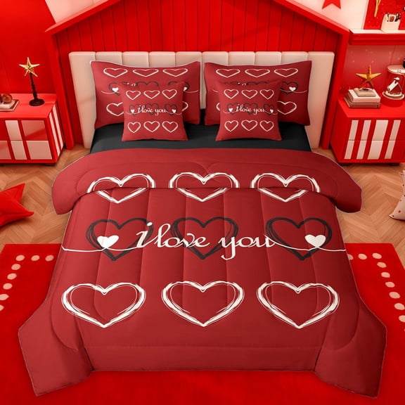 Homewish Love Heart Print Twin Bedding Sets 7-Piece for Kids Teens Girls,Romantic Lover Couple Bedding Comforter Set Microfiber,Happy Valentine Breathable Sheet Sets,Microfiber Bedroom Decor