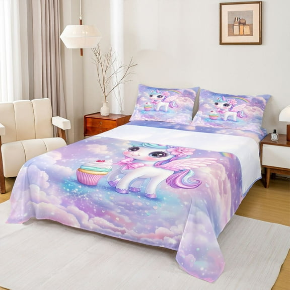 Homewish Lovely 3D Unicorn Bed Sheets,Angel Wings King Sheets,Chic Flower Floral Sheet Set For Girls Teens,Breathable Home Decor,4pcs
