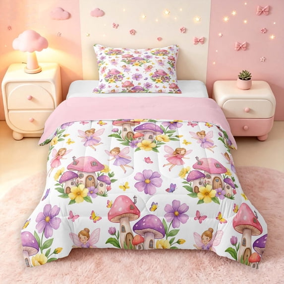 Homewish Lovely Botanical Mushrooms Twin Comforter Sets,Cartoon Fairies Bedding Set,Pink Purple,Pink Reversible,2-Piece,1 Comforter and 1 Pillowcase