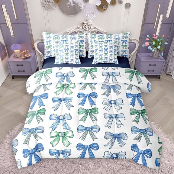 Homewish Lovely Bow Knot 7-Piece Twin Bedding Sets,Cartoon Bowtie Ribbon Bedding Comforter Set,Green Blue White Sheet Sets For Girl Kids,Microfiber Bedroom Decor Reversible