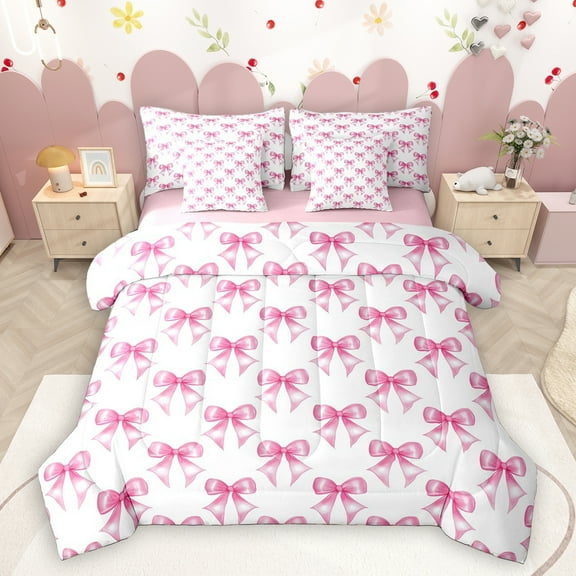 Homewish Lovely Bow Knot 7-Piece Twin Bedding Sets,Cartoon Bowtie Ribbon Bedding Comforter Set,Pink White Sheet Sets For Girl Kids,Microfiber Bedroom Decor Reversible
