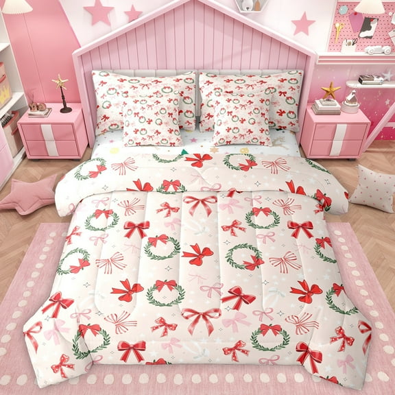 Homewish Lovely Bow Knot 7-Piece Twin Bedding Sets,Christmas Flower Wreath Bedding Comforter Set,Red Pink Green Sheet Sets For Girl Kids,Microfiber Bedroom Decor Reversible