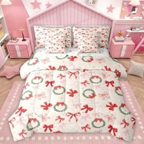 Homewish Lovely Bow Knot 7-Piece Twin Bedding Sets,Christmas Flower Wreath Bedding Comforter Set,Red Pink Green Sheet Sets For Girl Kids,Microfiber Bedroom Decor Reversible