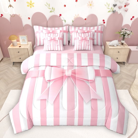 Homewish Lovely Bow Knot 7 Pieces Bedding Comforter Set,Chic Striped Full Bedding Set,White Pink Fitted Sheet Flat Sheet For Girl Kids,Microfiber Bedroom Decor Reversible