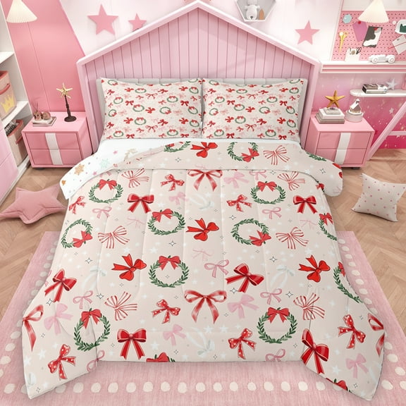 Homewish Lovely Bow Knot Bedding Comforter Set,Christmas Flower Wreath Twin Comforter Sets,Red Pink Green Bedding Set For Girl Kids,Microfiber Bedroom Decor Reversible,2-Piece