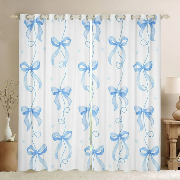 Homewish Lovely Bow Knot Blackout Curtains Set of 2 (52x84 Each),Cartoon Bowtie Ribbon Window Curtains,Blue White Curtains and Drapes For Girl Kids,Microfiber Bedroom Decor