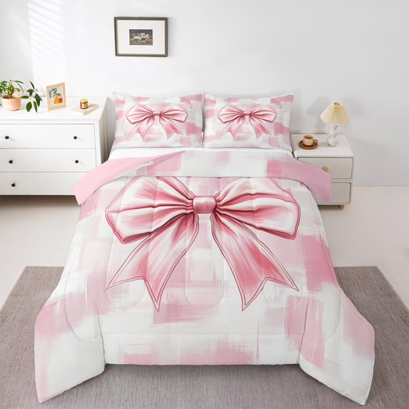 Homewish Lovely Bow Knot Queen Comforter Set,Cartoon Bowtie Ribbon Bedding Sets,Pink White Ombre Bedding Comforter Set For Girl Kids,Microfiber Bedroom Decor Reversible,3pcs
