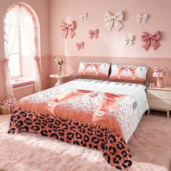 Homewish Lovely Bowtie Bed Sheets for Kids Girls, Cheetah Print Full Size Sheets, Princess Style Decor, 4 Pieces (1 Flat Sheet, 1 Fitted Sheet and 2 Pillowcases)
