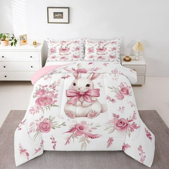 Homewish Lovely Bowtie Rabbit Bedding Comforter Set,Cute Bowtie Ribbon Twin Comforter Sets,Pink Flower Floral Bedding Set For Girl,Ultra Soft Home Decor Reversible,2pcs