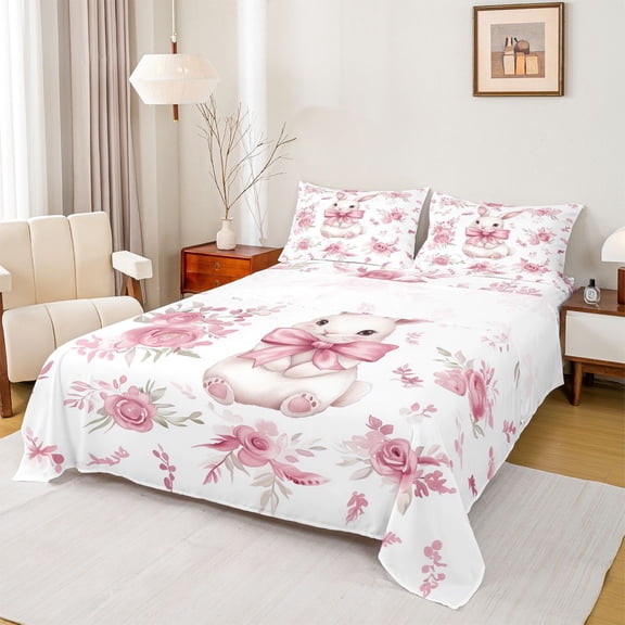 Homewish Lovely Bowtie Rabbit Twin Sheet Sets,Cute Bowtie Ribbon Twin Fitted Sheet,Pink Flower Floral Flat Sheet For Girl,Ultra Soft Home Decor,3pcs