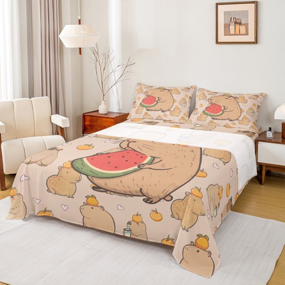 Homewish Lovely Capybara Kapibara Full Size Sheets,Cartoon Animal Bed Sheets,Summer Fruit Watermelon Sheet Sets For Kids,Ultra Soft Home Decor,4-Piece