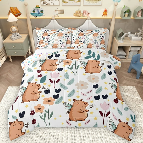 Homewish Lovely Capybara Queen Comforter Set,Country Floral Daisy Bedding Sets,Brown White Bedding Comforter Set For Boys Girl,Breathable Home Decor Reversible,3 Pieces