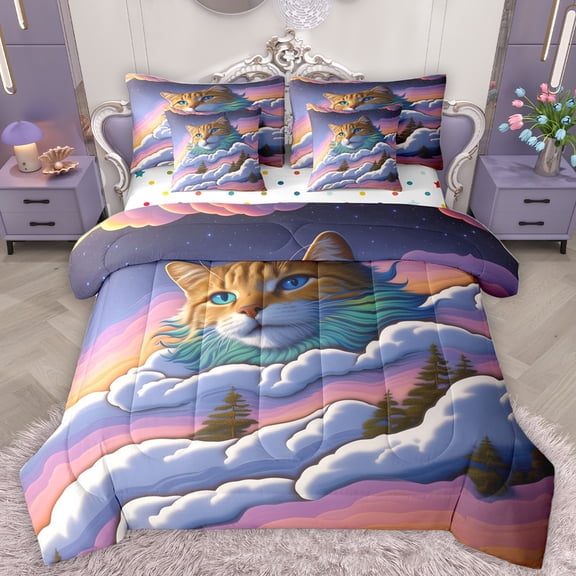 Homewish Lovely Cat 7-Piece Twin Bedding Sets,3D Cute Kitten Bedding Comforter Set,Pet Lovers Sheet Sets For Men Women,Luxury Bedroom Decor Reversible