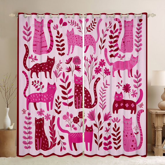 Homewish Lovely Cat Animal Kitchen Curtains,Plant Flowers Black Out Curtains Pack of 2 (42x63 Each),Hot Pink