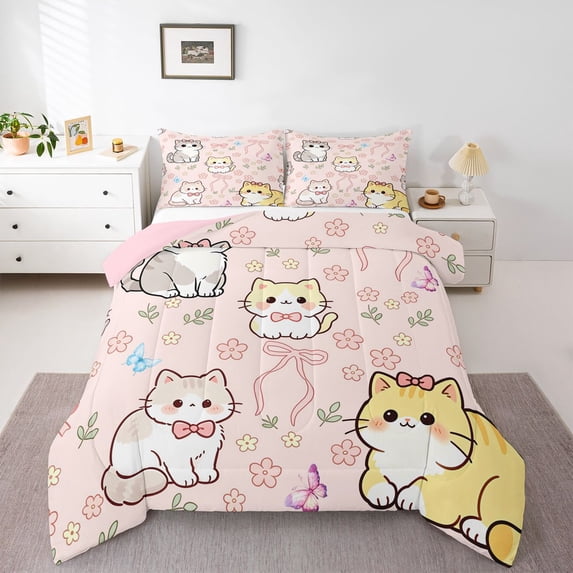 Homewish Lovely Cat Animals Full Size Comforter Sets,Cute Floral Bowknot Bedding Comforter Set,Pink,Pink Reversible,3 Pieces,1 Comforter and 2 Pillowcases
