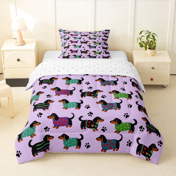 Homewish Lovely Dachshund Animal Twin Comforter Sets,Dog Paws Bedding Set,Purple,Reversible,2 Pieces,1 Comforter and 1 Pillowcase