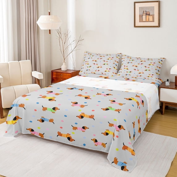 Homewish Lovely Dachshund Bed Sheets,Cartoon Pet Dog Full Size Sheets,Gray,4 Pieces,1 Flat Sheet, 1 Fitted Sheet and 2 Pillowcases