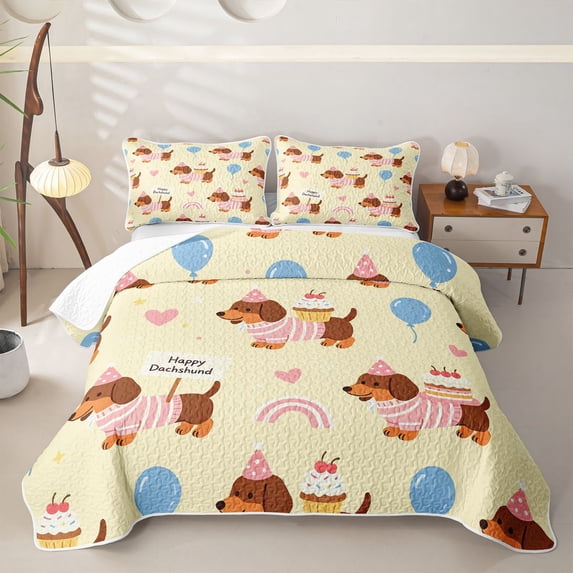 Homewish Lovely Dachshund Print Quilt Full,Heart Stars Rainbow Full Bedspread Sets,Blue Balloons Decor,3 Pieces