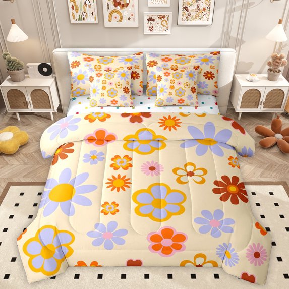 Homewish Lovely Daisy 7-Piece Bedding Comforter Set,Cute Rainbow Blossom King Bedding Sets,Blue Orange Bed Sheets For Kids,Breathable Home Decor Reversible