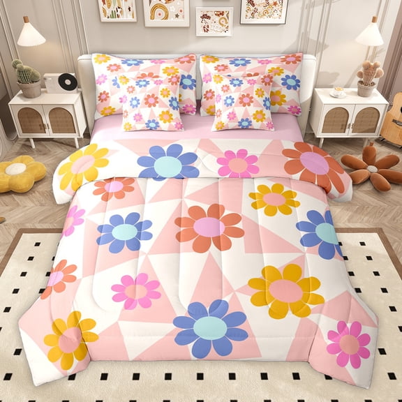 Homewish Lovely Daisy 7-Piece Twin Bedding Sets,Cartoon Flower Floral Bedding Comforter Set,Pink Beige Blue Sheet Sets For Children,Microfiber Bedroom Decor Reversible