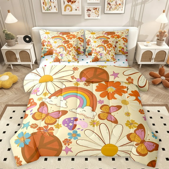Homewish Lovely Daisy Flower 7 Pieces Bedding Comforter Set,Cartoon Floral Butterfly Full Bedding Set,Beige Orange Fitted Sheet Flat Sheet For Girl,Microfiber Bedroom Decor Reversible