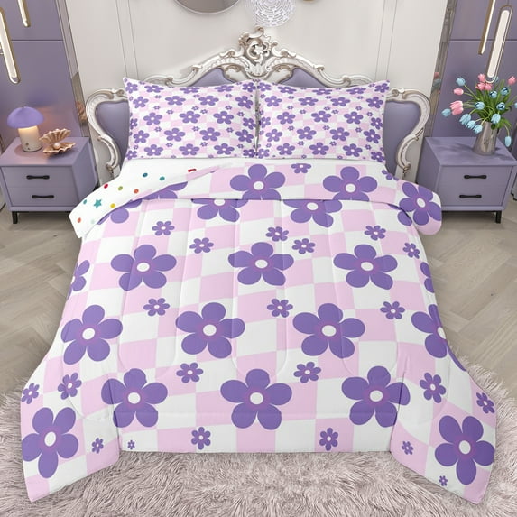 Homewish Lovely Daisy Flower Full Size Comforter Sets,Cartoon Floral Bedding Comforter Set,Pink Purple Bedding Sets For Girl,Microfiber Bedroom Decor Reversible,3-Piece