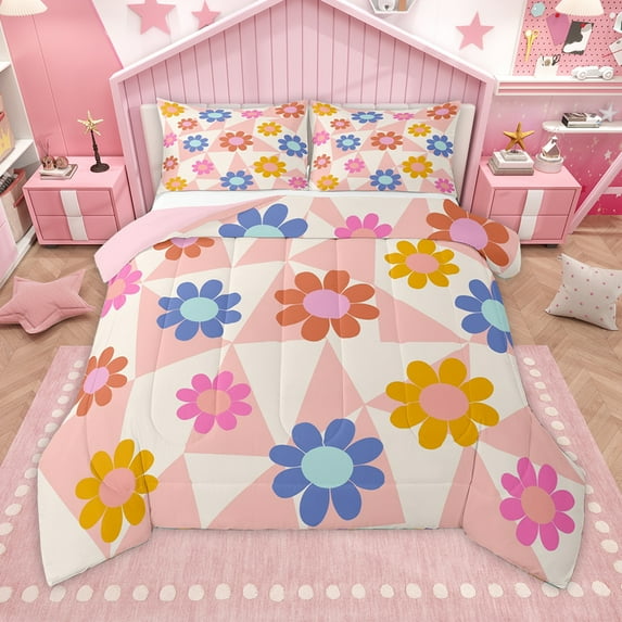 Homewish Lovely Daisy Full Size Comforter Sets,Cartoon Flower Floral Bedding Comforter Set,Pink Beige Blue Bedding Sets For Children,Microfiber Bedroom Decor Reversible,3pcs