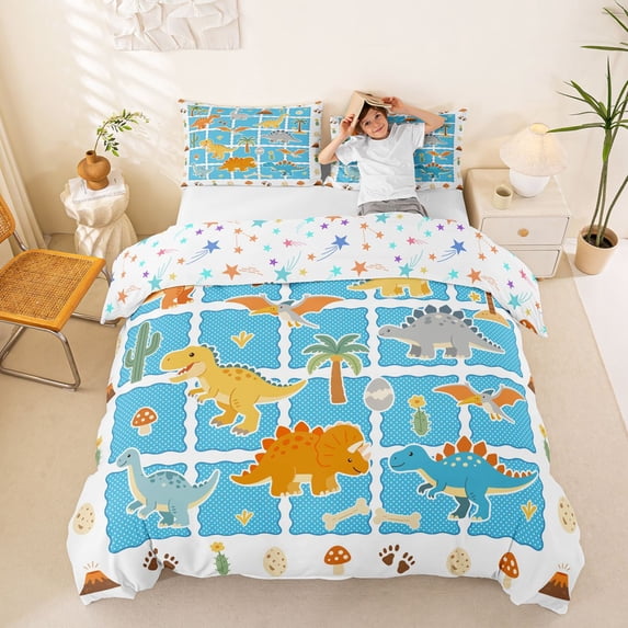 Homewish Lovely Dino Duvet Cover Queen,Blue Plaid Animal Queen Bedding,Colorful Stars Reversible,3pcs,1 Duvet Cover and 2 Pillowcases