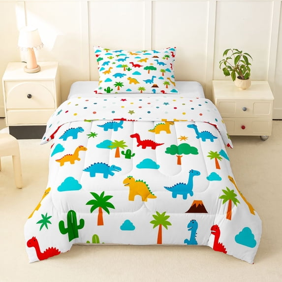 Homewish Lovely Dinosaur Twin Comforter Sets,Cartoon Animal Themed Bedding Set,White,Polkadot Reversible,2-Piece,1 Comforter and 1 Pillowcase