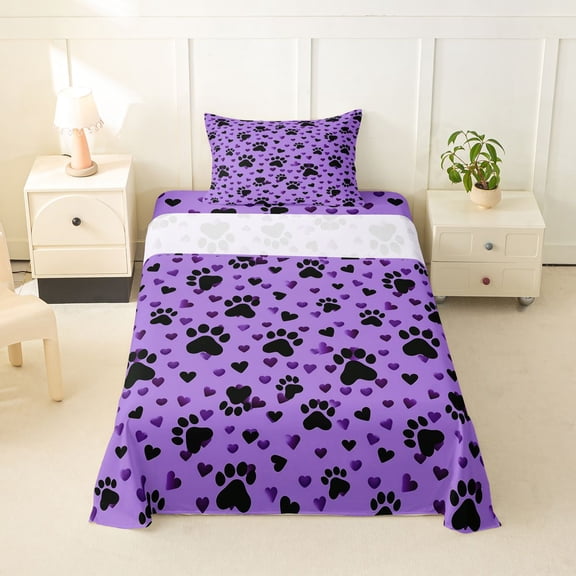 Homewish Lovely Dog Paws Twin Sheets,Cartoon Animal Bedding,Purple,3-Piece,1 Fitted Sheet and 1 Pillowcase
