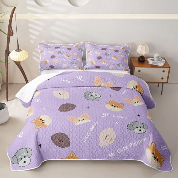 Homewish Lovely Dog Quilt King,Luck Good Sweet Day My Cute Puppies Print King Coverlet Set,Purple,3pcs