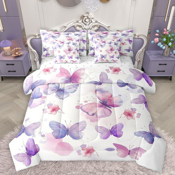 Homewish Lovely Dreamy Butterfly 7-Piece Bedding Comforter Set,Watercolor Splatter Ink King Bedding Sets,Pink Purple White Bed Sheets For Kids,Luxury Bedroom Decor Reversible