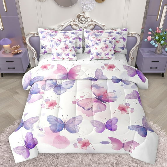 Homewish Lovely Dreamy Butterfly 7-Piece Twin Bedding Sets,Watercolor Splatter Ink Bedding Comforter Set,Pink Purple White Sheet Sets For Kids,Luxury Bedroom Decor Reversible
