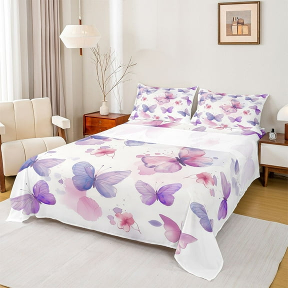 Homewish Lovely Dreamy Butterfly Twin Sheet Sets,Watercolor Splatter Ink Twin Fitted Sheet,Pink Purple White Flat Sheet For Kids,Luxury Bedroom Decor,3-Piece