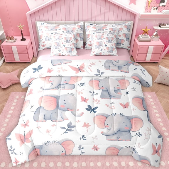 Homewish Lovely Elephant 7pcs Bedding Comforter Set,Kawaii Zoo Animal Queen Bedding Sets,Rustic Flower Butterfly Queen Sheet Sets For Teens,Microfiber Bedroom Decor Reversible