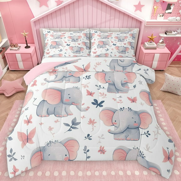Homewish Lovely Elephant Full Size Comforter Sets,Kawaii Zoo Animal Bedding Comforter Set,Rustic Flower Butterfly Bedding Sets For Teens,Microfiber Bedroom Decor Reversible,3pcs