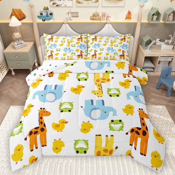 Homewish Lovely Elephant Giraffe Queen Comforter Set,Rustic Frog Duck Bedding Sets,White Yellow Blue Bedding Comforter Set For Teens,Super Cozy Room Decor Reversible,3pcs