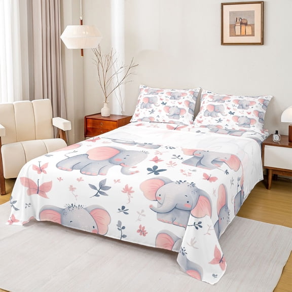 Homewish Lovely Elephant Twin Sheet Sets,Kawaii Zoo Animal Twin Fitted Sheet,Rustic Flower Butterfly Flat Sheet For Teens,Microfiber Bedroom Decor,3 Pieces
