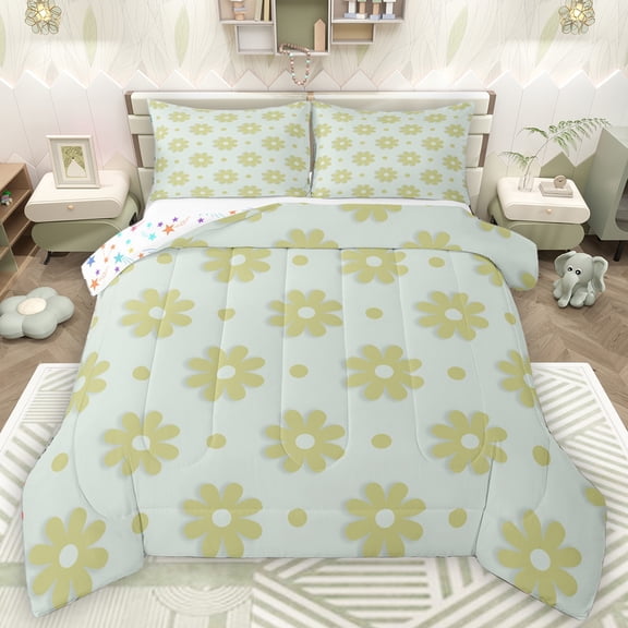 Homewish Lovely Floral Bedding Comforter Set,Kawaii Flower Daisy Twin Comforter Sets,Green Blossom Bedding Set For Kids,Ultra Soft Home Decor Reversible,2 Pieces